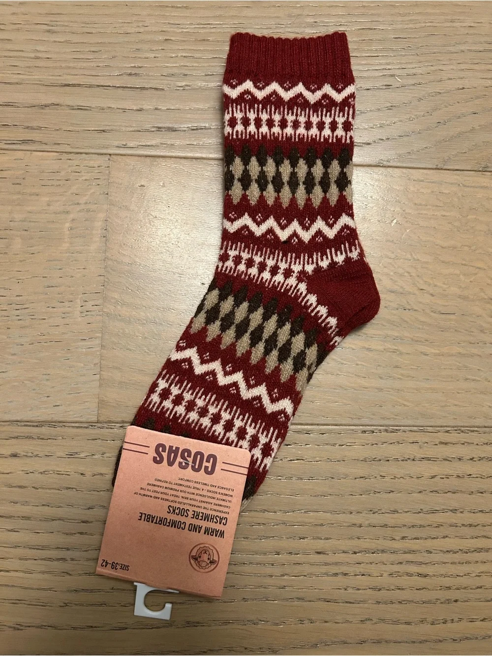 Cashmere Blend Womens Red Patterned Cozy Socks Size 39-42